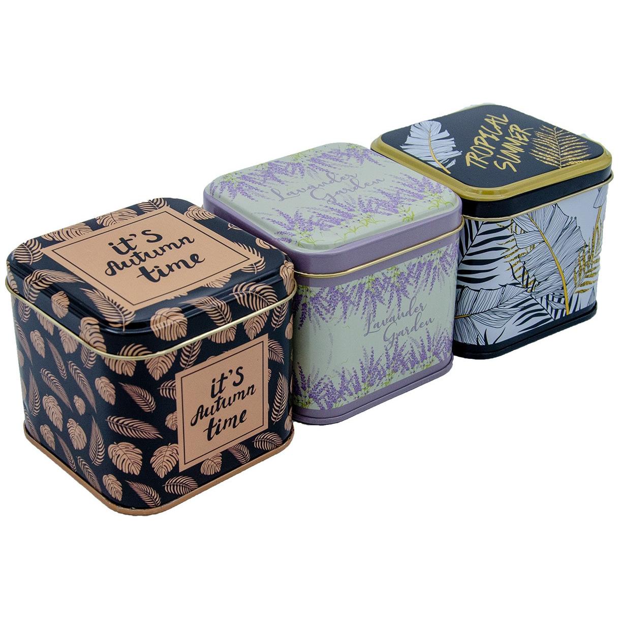 Square Tin Box Set 90x90x80 mm 0.6L (3 Pcs) Leaf pattern Sanabella Design — Box Sets — view 2 of 5 — Tinbox