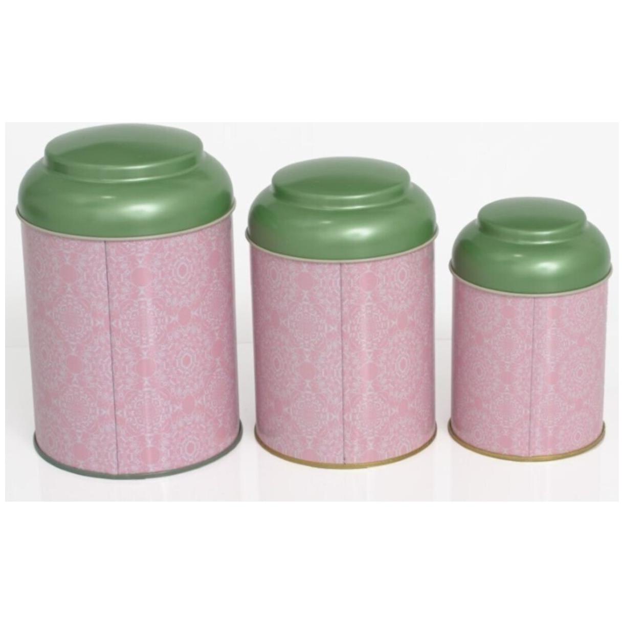 Yuvarlak Metal Saklama Kabı Seti Ø120 Ø105 Ø90 (3'lü Set) Kubbeli Kapaklı Vintage Pembe Arka Plan — Kutu Setleri — görsel …
