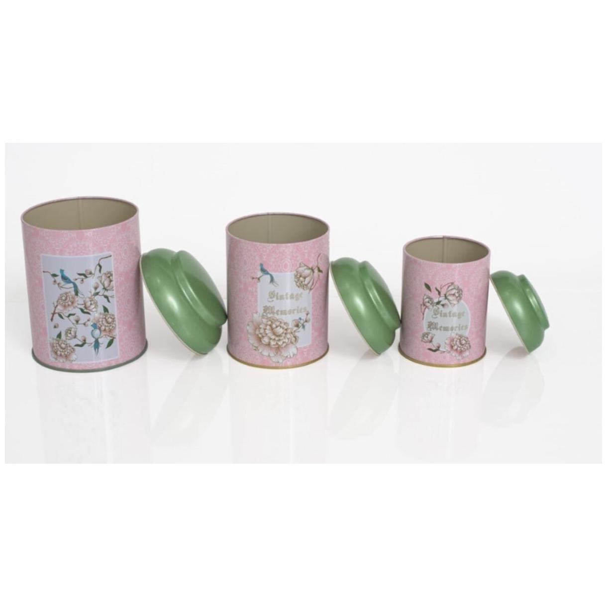 Yuvarlak Metal Saklama Kabı Seti Ø120 Ø105 Ø90 (3'lü Set) Kubbeli Kapaklı Vintage Pembe Arka Plan — Kutu Setleri — görsel …