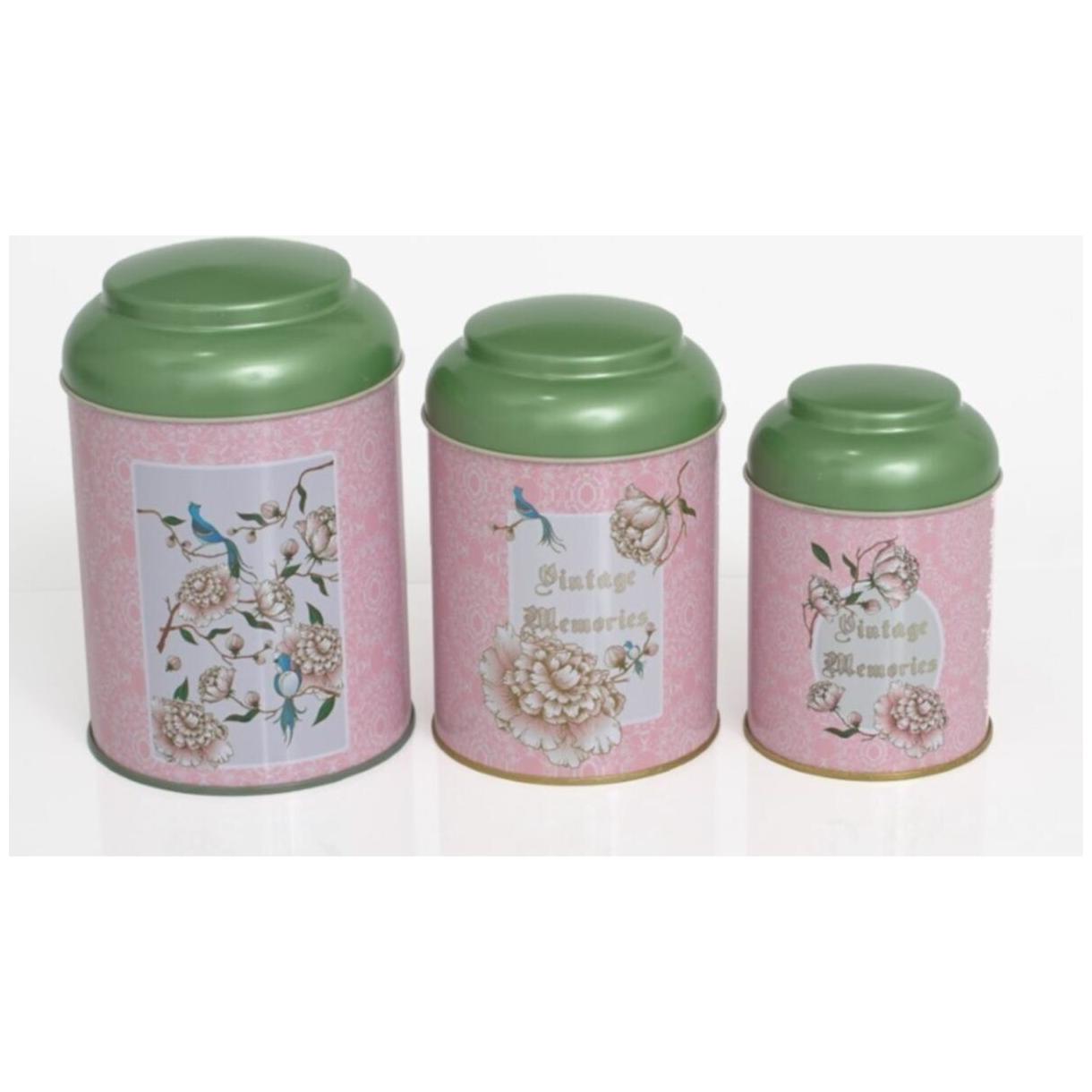 Round Metal Canister Set Ø120 Ø105 Ø90 (set of 3 ) Dome Lid Vintage Pink bacground — Box Sets — Tinbox