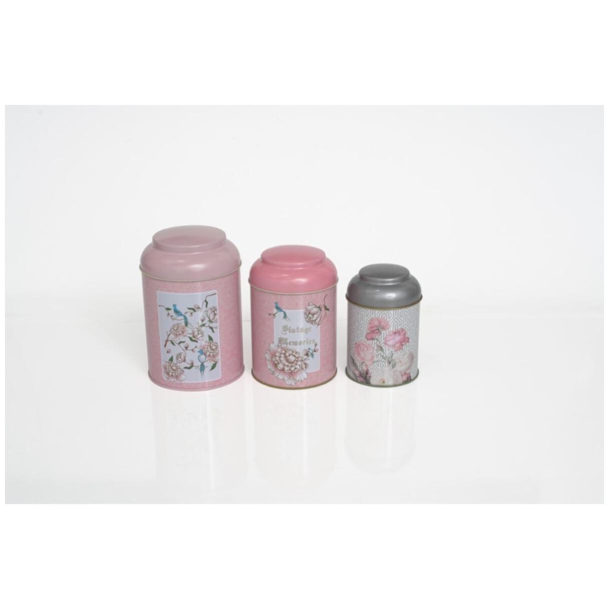 Yuvarlak Metal Saklama Kabı Seti Ø120 Ø105 Ø90 (3'lü Set) Kubbeli Kapaklı Vintage Pembe Arka Plan — Kutu Setleri — Tinbox