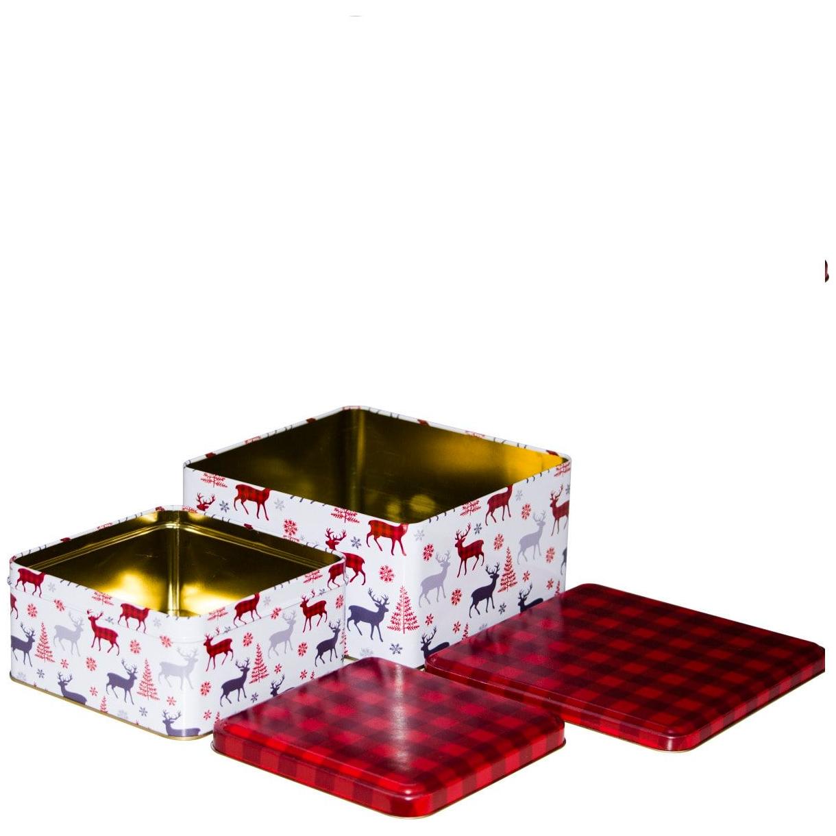 Kare Metal Saklama Kutusu Seti 198x198mm - 158x158 (2'li Set) Geyik Desenli Ekose — Kutu Setleri — görsel 2 / 3 — Tinbox