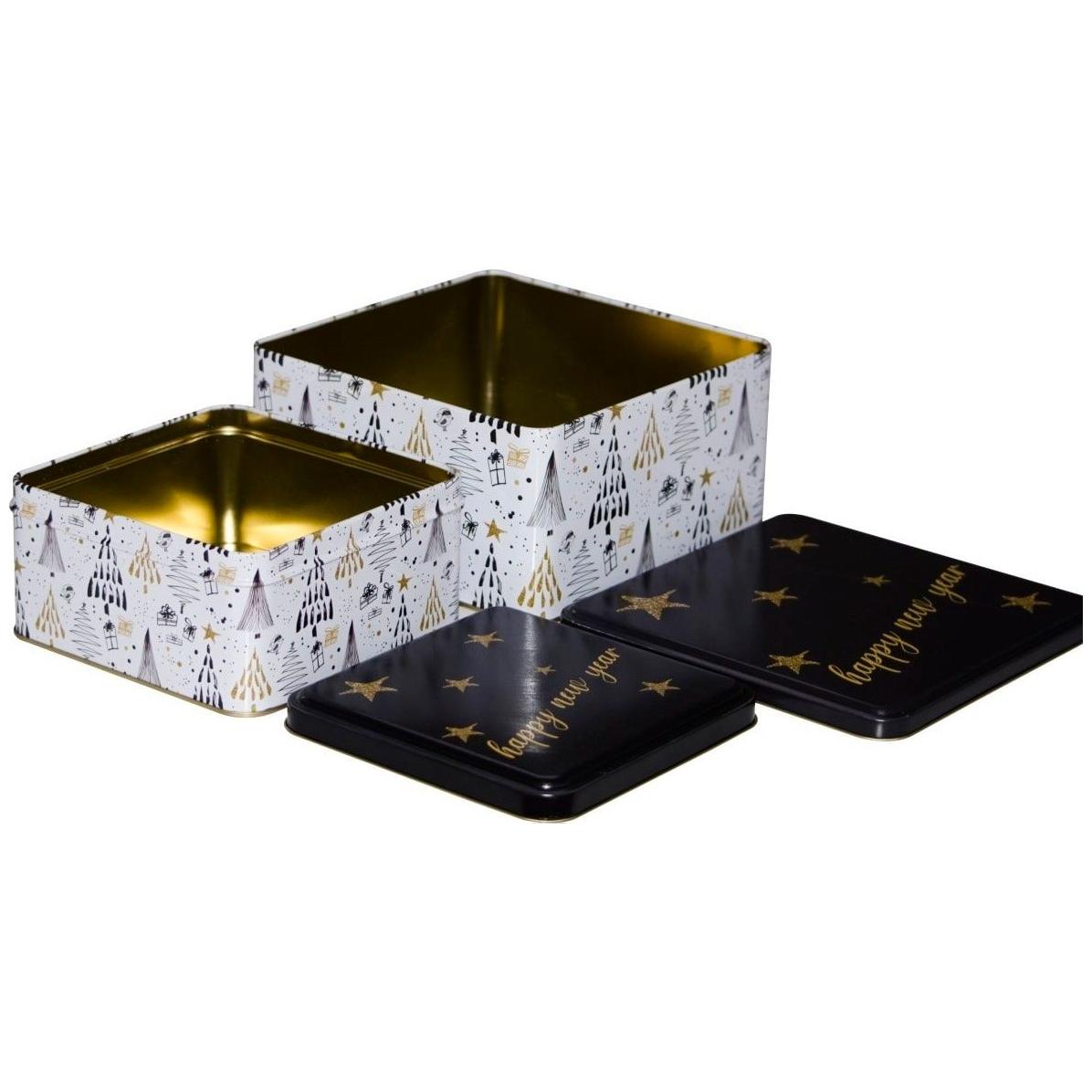 Kare Metal Saklama Kutusu Seti 198x198mm - 158x158 (2'li Set) Yeşil Noel Ağacı Desenli Beyaz Arka Plan — Kutu Setleri — gö…