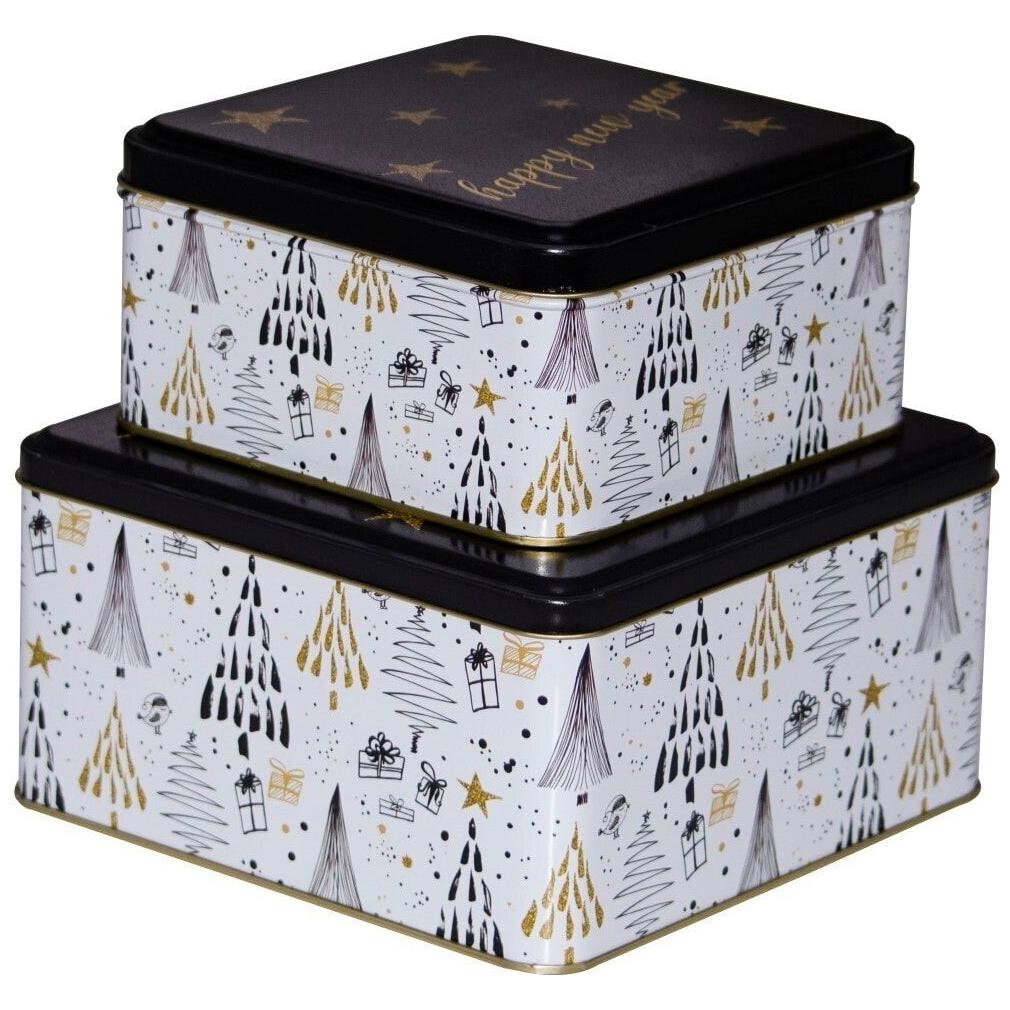 Kare Metal Saklama Kutusu Seti 198x198mm - 158x158 (2'li Set) Yeşil Noel Ağacı Desenli Beyaz Arka Plan — Tepsiler — Tinbox
