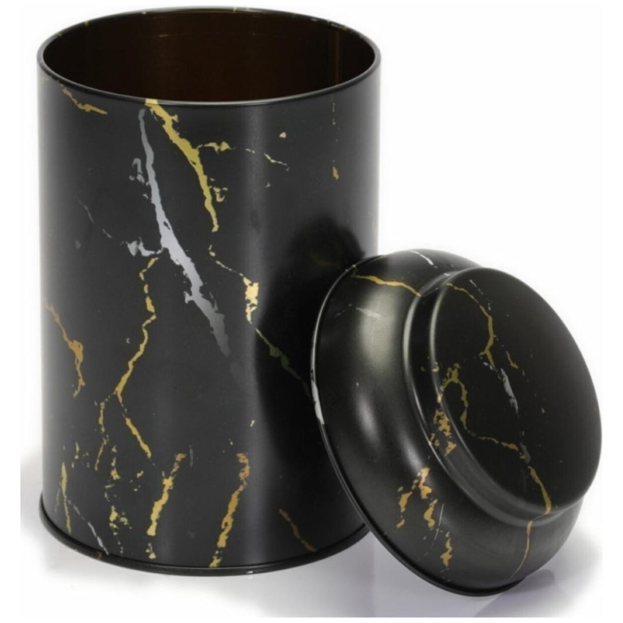 Ø105x150 mm Yuvarlak Metal Teneke Kutu 1.1L Kubbeli Kapak Mermer Siyah — Yuvarlak Kutular — görsel 3 / 4 — Tinbox