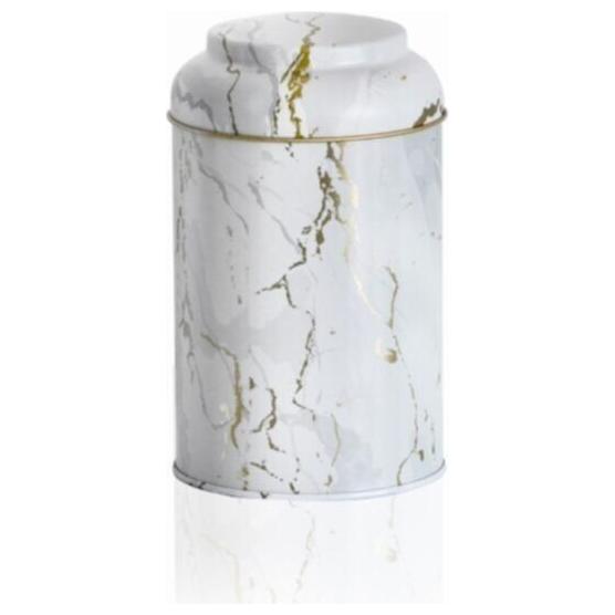 Ø105x150 mm Yuvarlak Metal Teneke Kutu 1.1L Kubbeli Kapak Mermer Beyaz — Yuvarlak Kutular — Tinbox