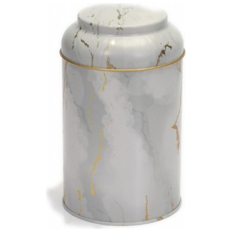 Ø105x150 mm Yuvarlak Metal Teneke Kutu 1.1L Kubbeli Kapak Mermer Beyaz — Yuvarlak Kutular — görsel 2 / 5 — Tinbox