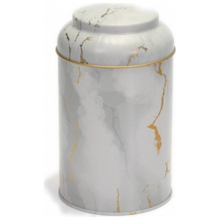 Ø105x150 mm Yuvarlak Metal Teneke Kutu 1.1L Kubbeli Kapak Mermer Beyaz — Yuvarlak Kutular — görsel 3 / 5 — Tinbox