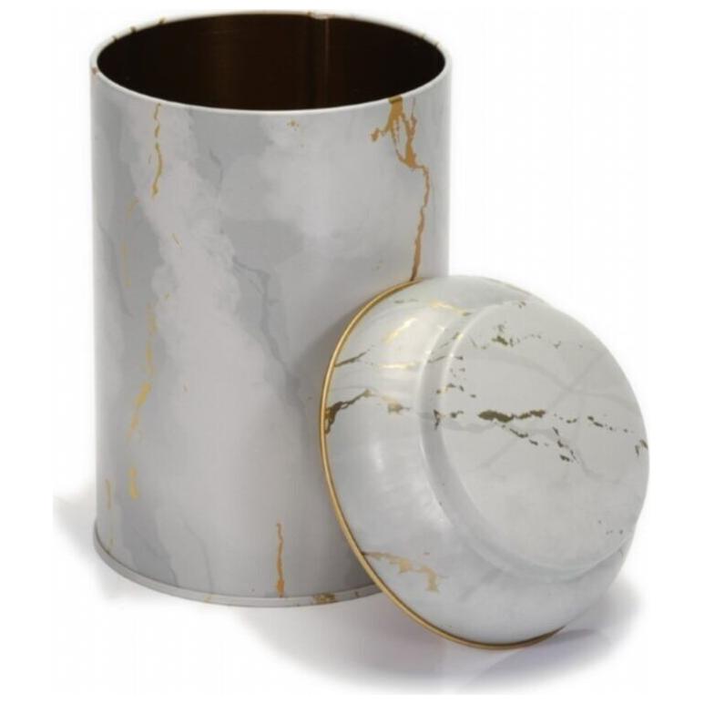 Ø105x150 mm Yuvarlak Metal Teneke Kutu 1.1L Kubbeli Kapak Mermer Beyaz — Yuvarlak Kutular — görsel 4 / 5 — Tinbox