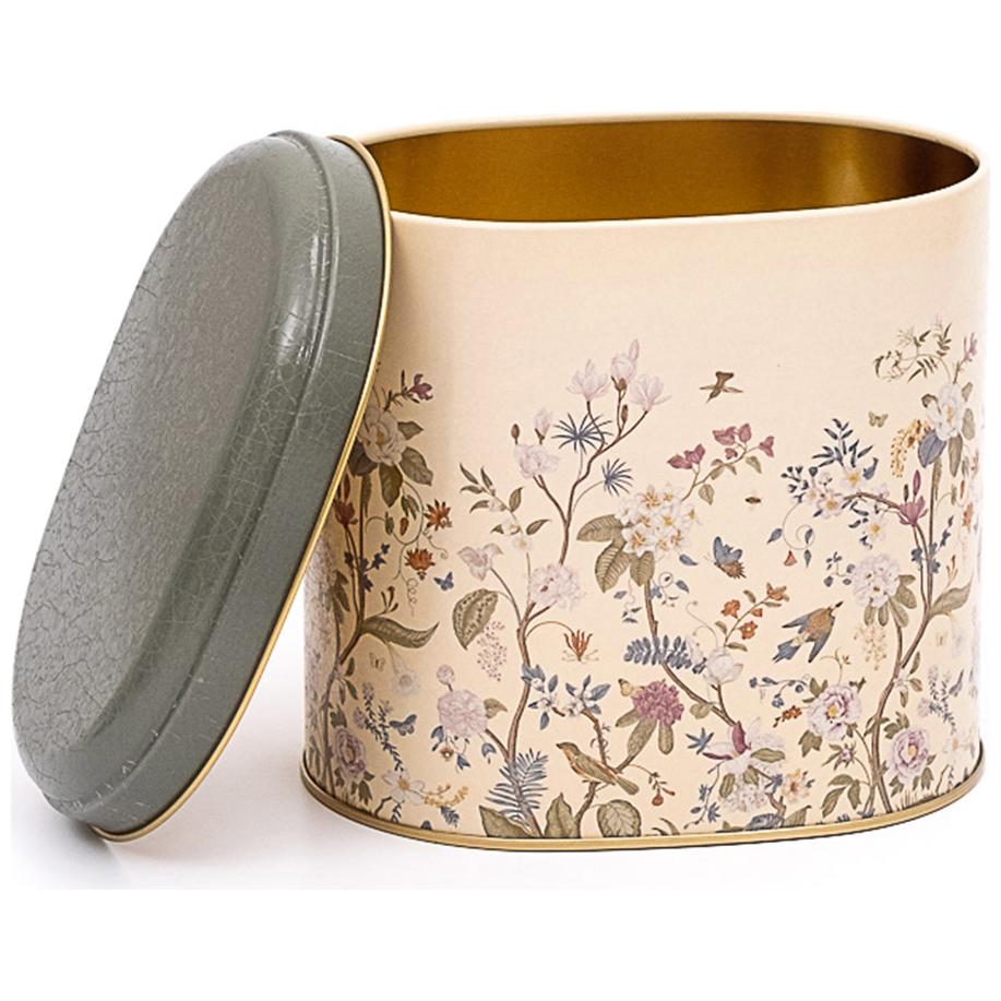 Oval Metal Kutu – 140 x 120 x 130 mm (1,4 L) Çiçek Desenli Pastel Mavi — Yuvarlak Kutular — görsel 1 / 3 — Tinbox