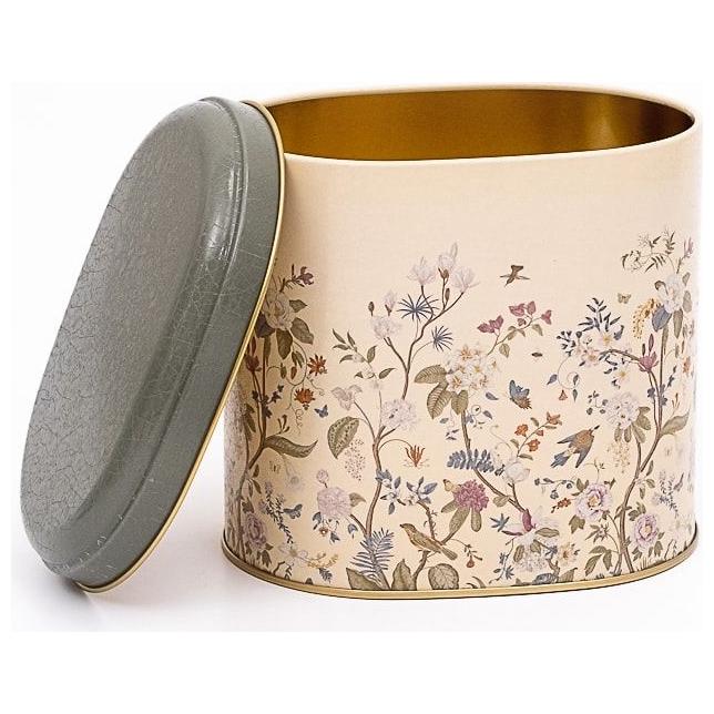 Oval Metal Kutu – 140 x 120 x 130 mm (1,4 L) Çiçek Desenli Pastel Mavi — Yuvarlak Kutular — görsel 2 / 3 — Tinbox