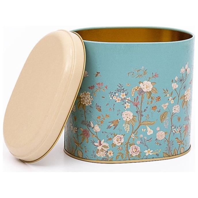 Oval Metal Kutu – 140 x 120 x 130 mm (1,4 L) Çiçek Desenli Pastel Mavi — Yuvarlak Kutular — görsel 2 / 3 — Tinbox