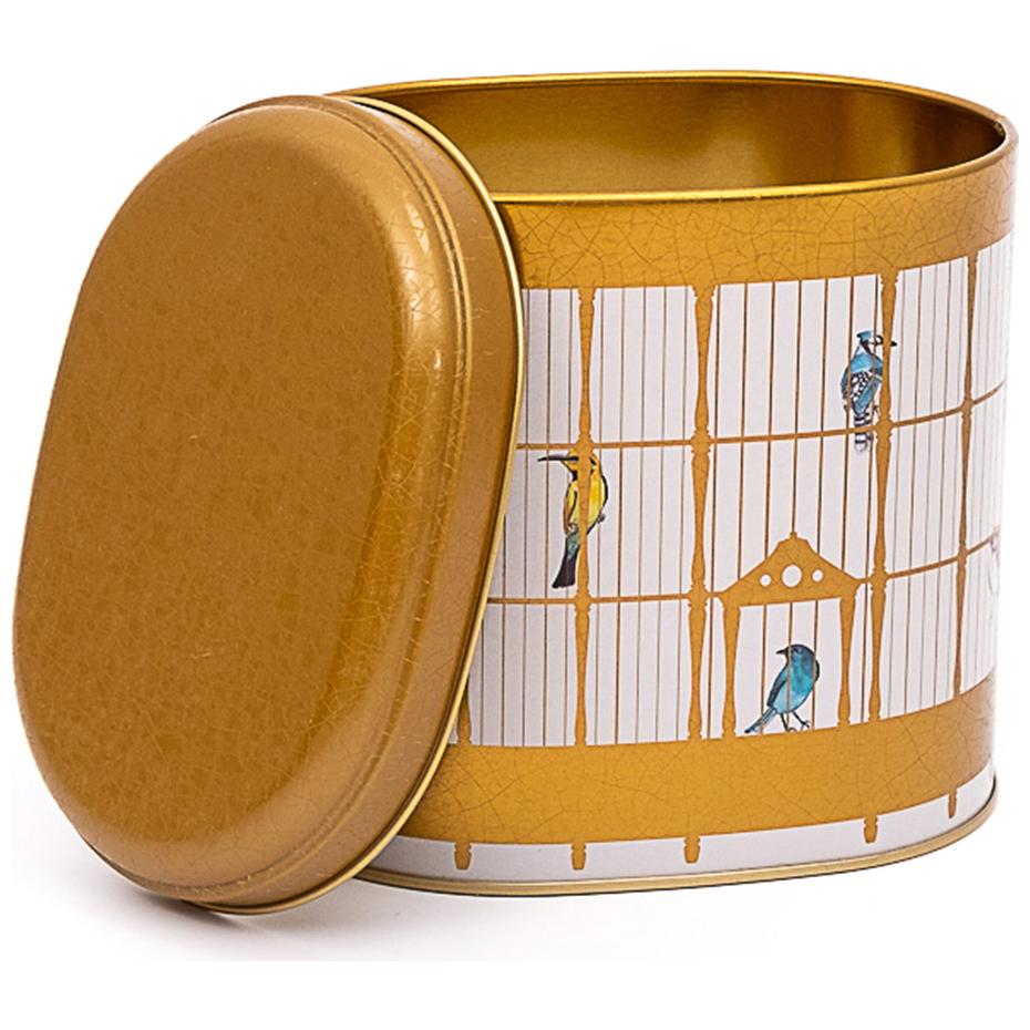 Oval Metal Tin – 140 x 120 x 130 mm (1.4L) Vintage Birdcage Illustration with Colorful Birds — Round Boxes — view 2 of 2 —…