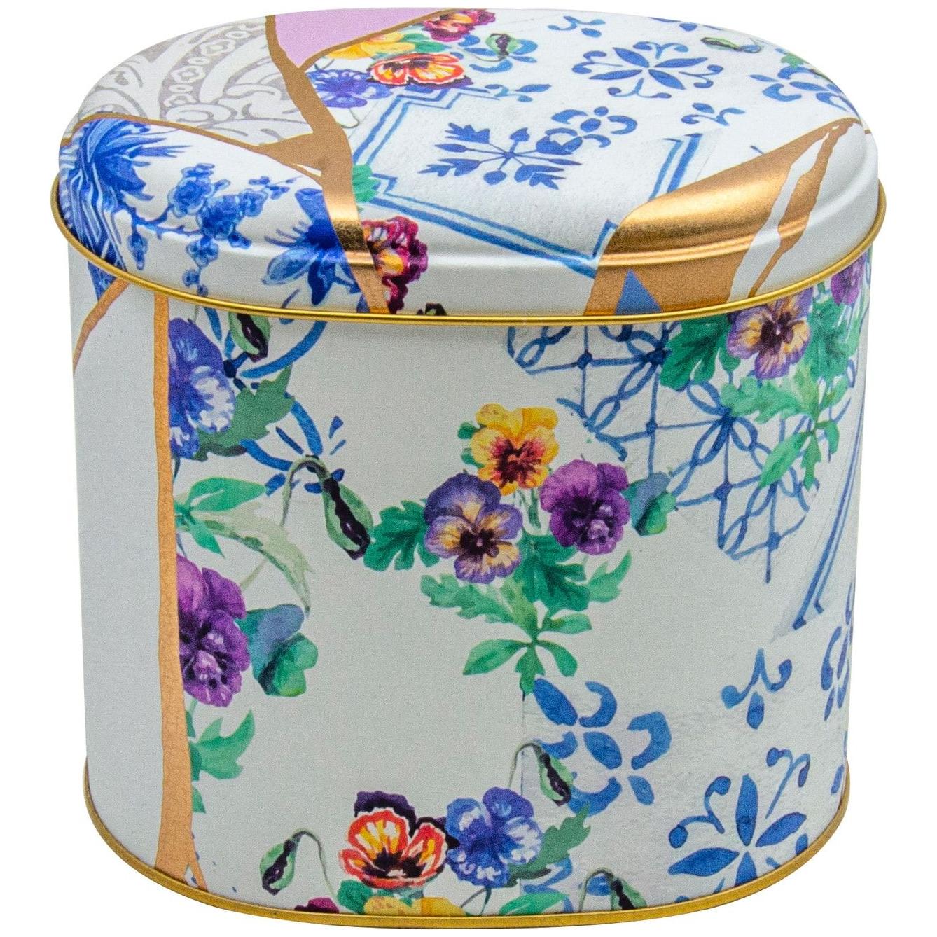 Oval Metal Teneke – 140 x 120 x 130 mm (1,4 L) Kintsugi Altın damarlı Gül — Yuvarlak Kutular — Tinbox