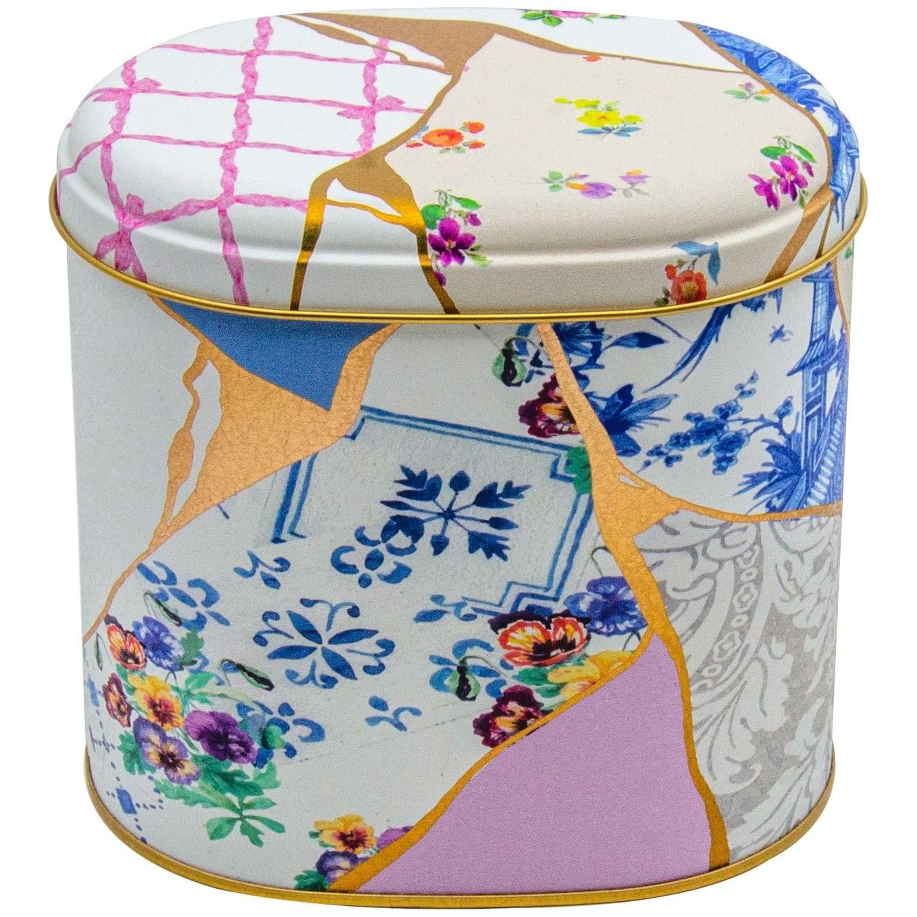 Oval Metal Kutu – 140 x 120 x 130 mm (1,4L) Kintsugi Altın Damarlı Çiçek — Yuvarlak Kutular — Tinbox