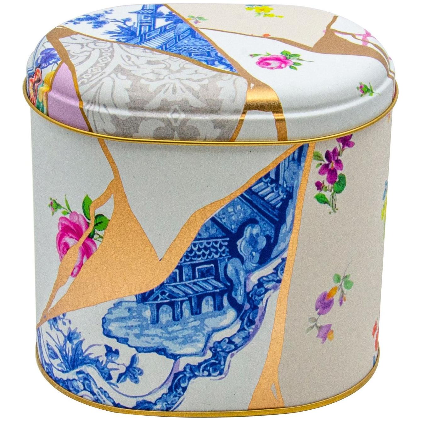Oval Metal Kutu – 140 x 120 x 130 mm (1,4L) Kintsugi Altın Damarlı Çiçek — Yuvarlak Kutular — Tinbox
