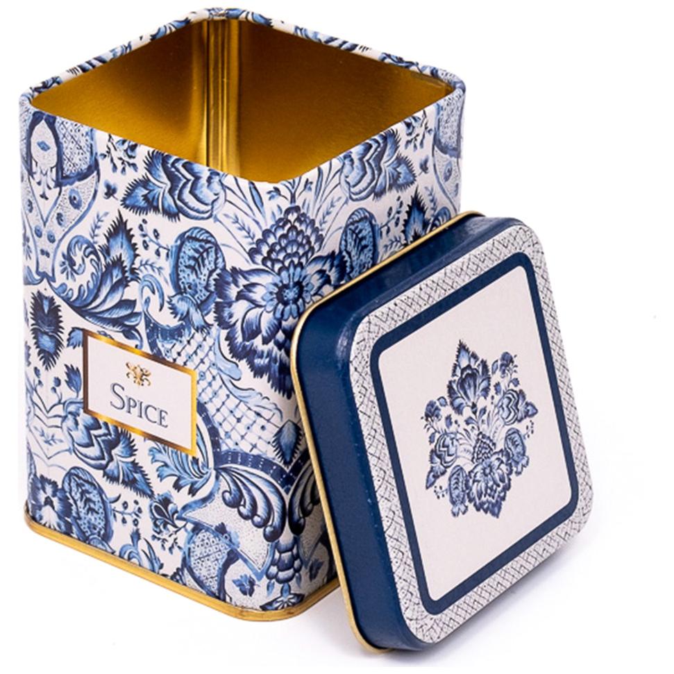 75x75x102 mm Kare Metal Kutu 0,5 L Sürgülü Kapak Azulejo Esintili Mavi ve Beyaz Dekoratif Desen — Kare Kutular — Tinbox