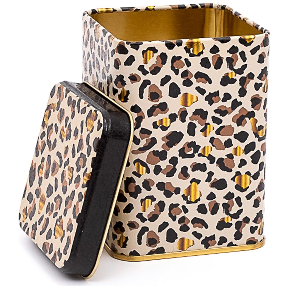 75x75x102 mm Kare Metal Kutu 0,5 L Sürgülü Kapaklı Altın Leopar Desenli — Kare Kutular — Tinbox