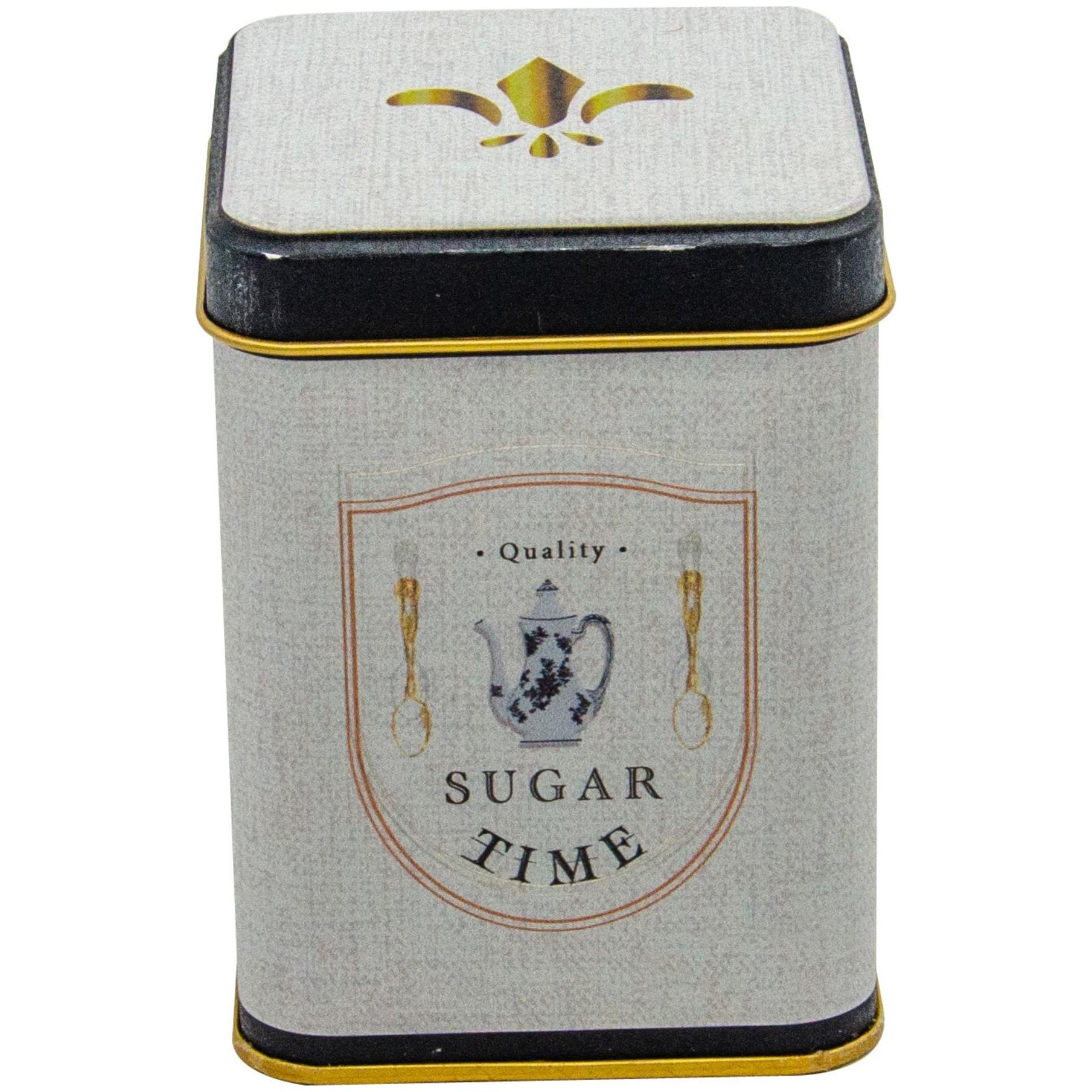 75x75x102 mm Kare Metal Kutu 0,5 L Sürgülü Kapaklı Vintage Kafe Esintili Keten Dokulu Tasarım — Kare Kutular — Tinbox