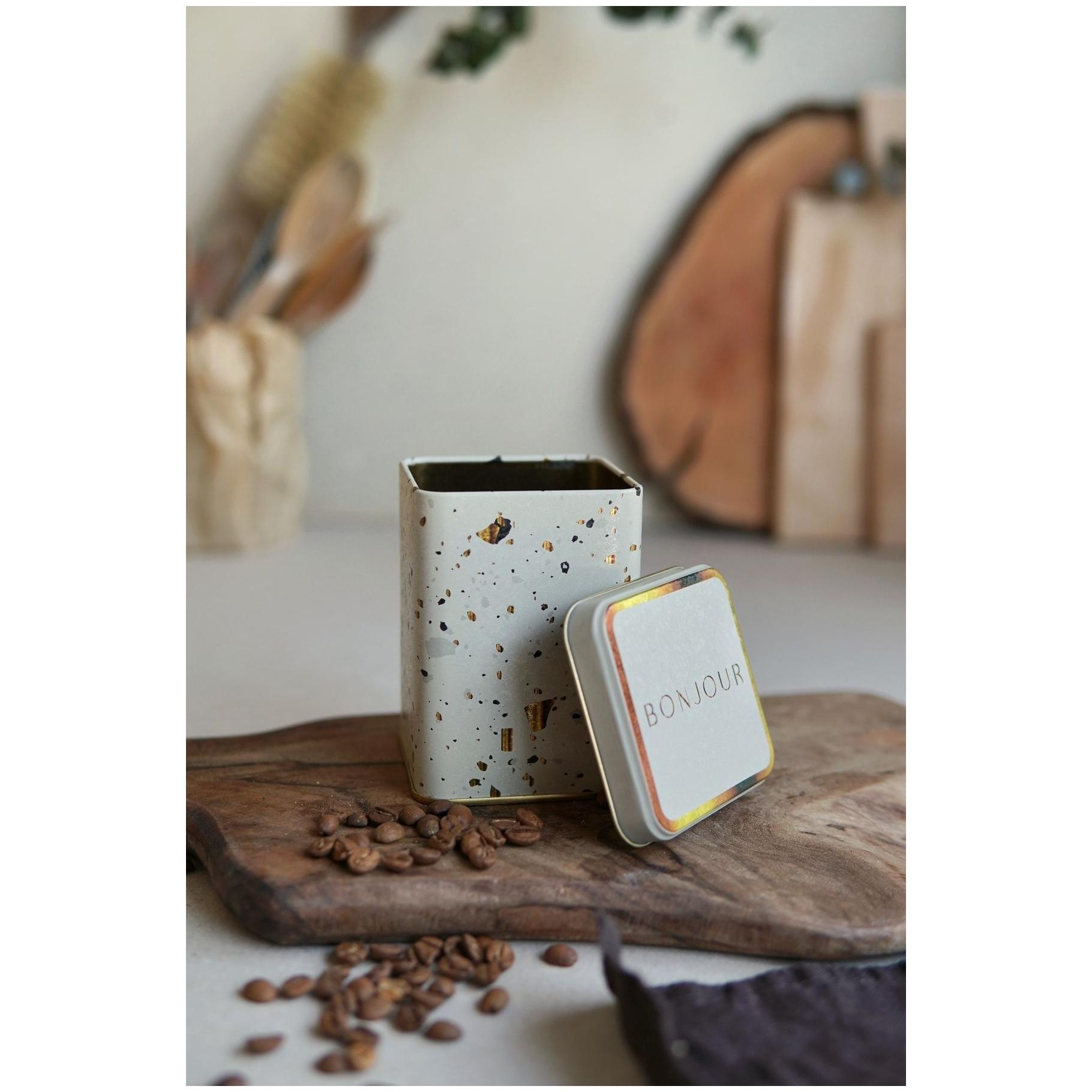 75x75x102 mm Kare Metal Kutu 0,5 L Sürgülü Kapak Terrazzo Krem — Kare Kutular — Tinbox