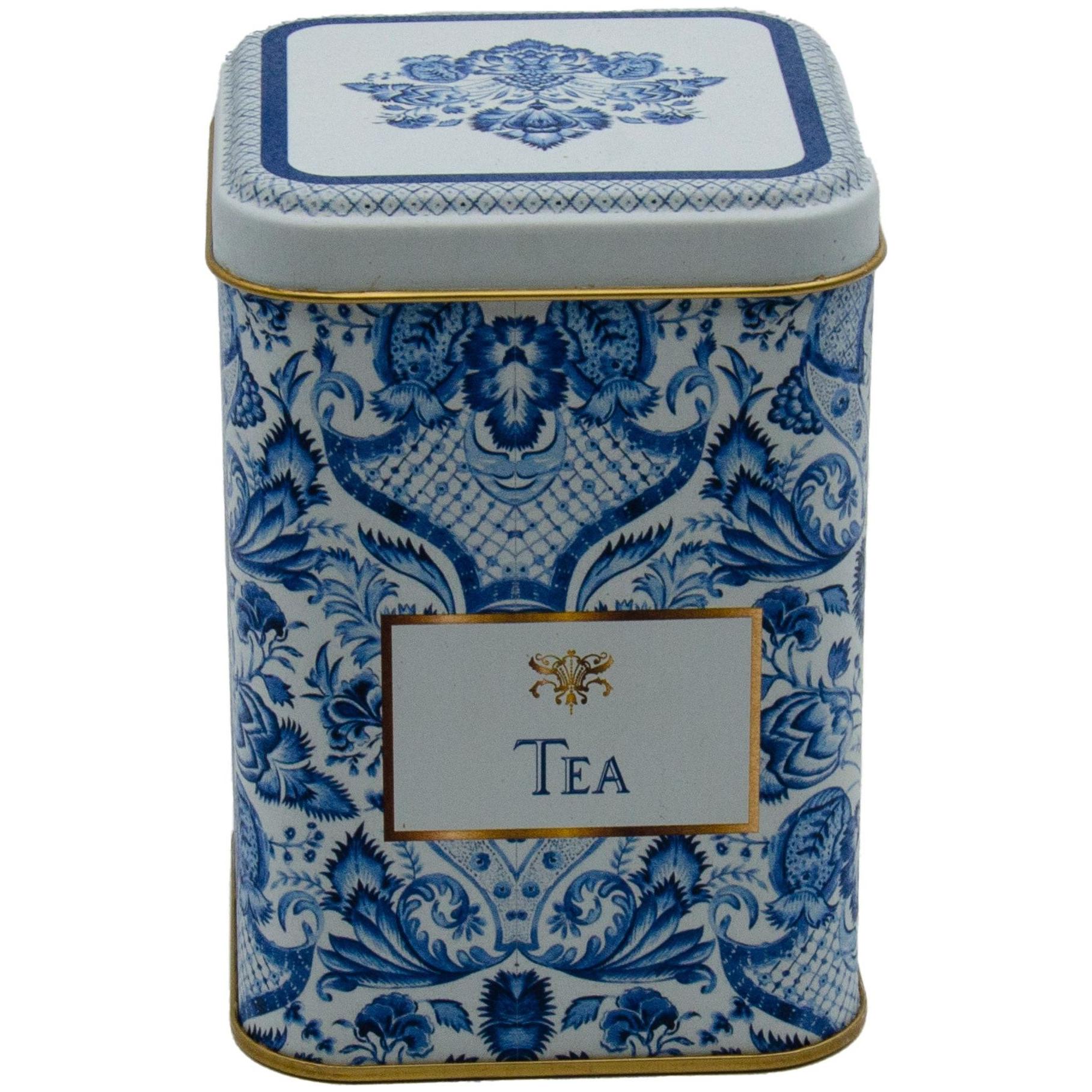 75x75x102 mm Kare Metal Kutu 0,5 L Sürgülü Kapak Azulejo Esintili Mavi ve Beyaz Dekoratif Desen — Kare Kutular — Tinbox