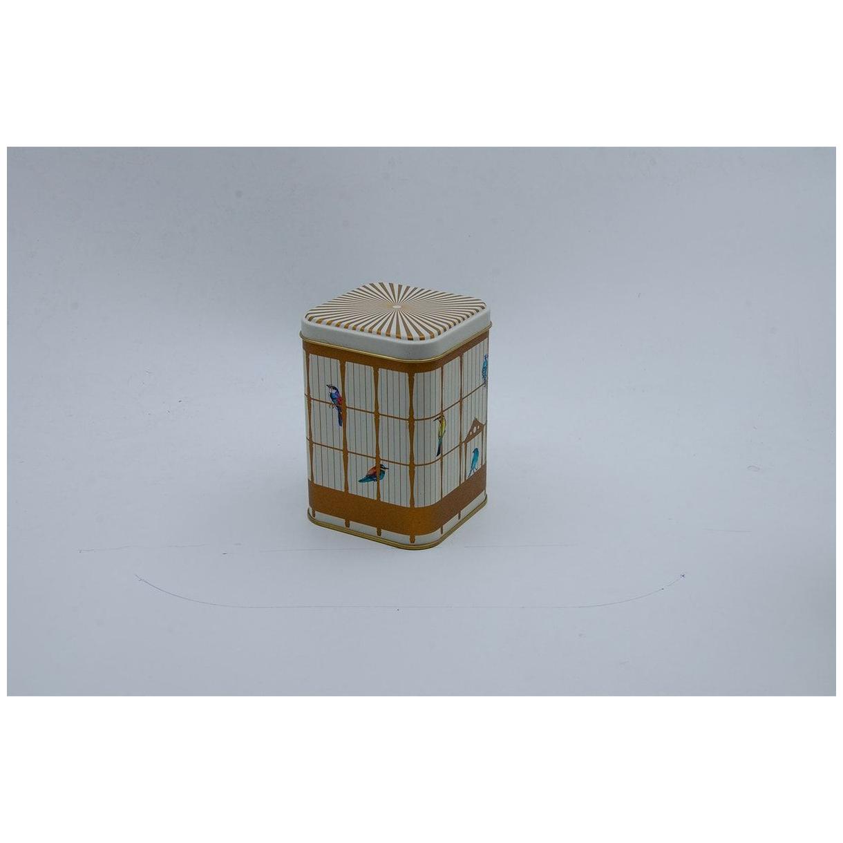 90x90x125 mm Kare Metal Teneke Kutu 1L Sürgülü Kapaklı Vintage Kuş Kafesi İllüstrasyonu ve Renkli Kuşlar — Kare Kutular — …