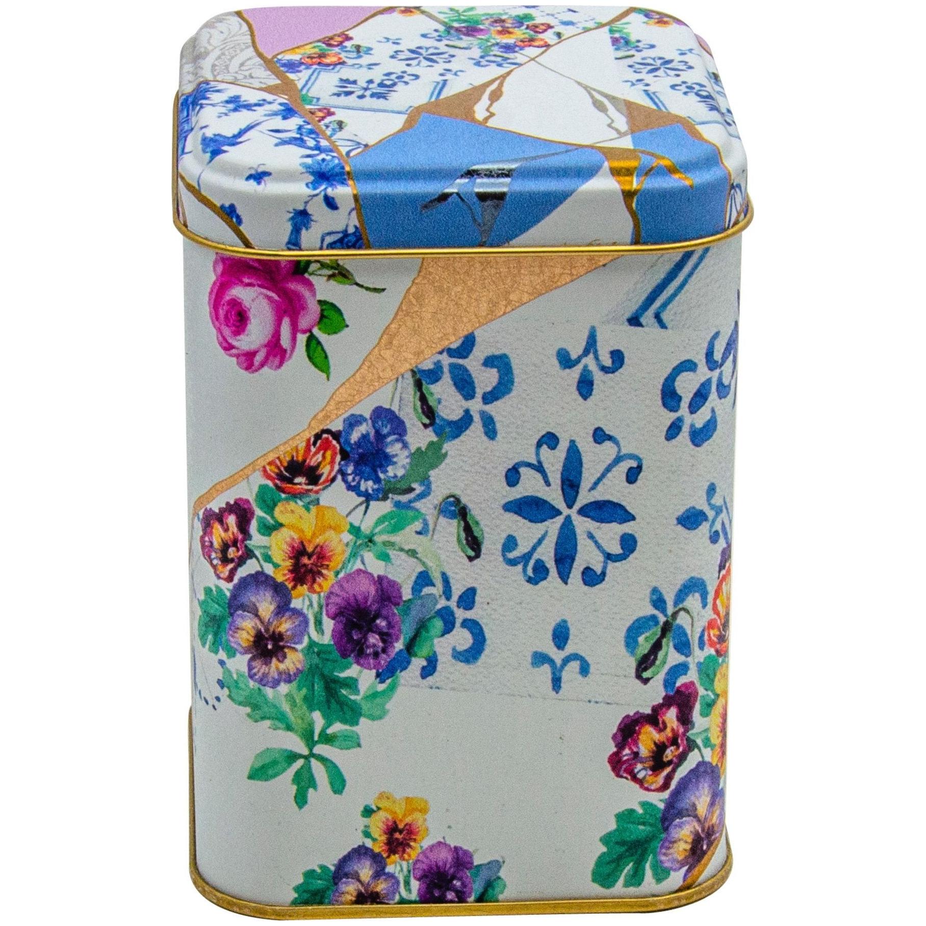 90x90x125 mm Kare Metal Teneke Kutu 1L Sürgülü Kapaklı Kintsugi Altın Damarlı Çiçek Desenli — Kare Kutular — Tinbox