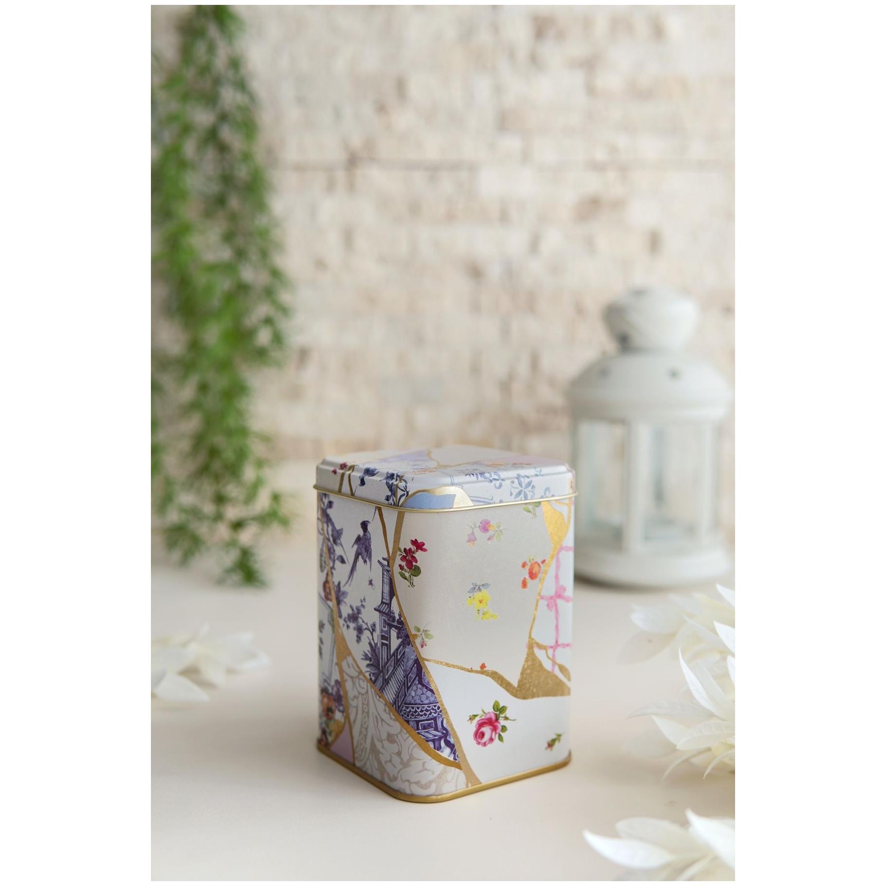 90x90x125 mm Kare Metal Teneke Kutu 1L Sürgülü Kapaklı Kintsugi Altın Damarlı Çiçek Desenli — Kare Kutular — Tinbox