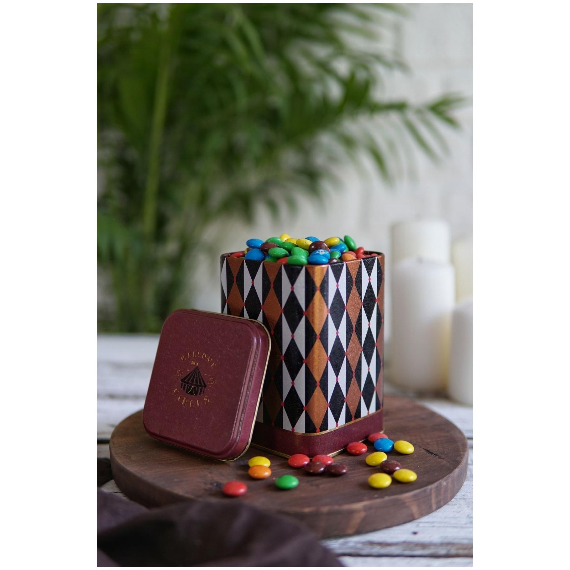 90x90x125 mm Square Metal Tin Box 1L slip Lid Vintage Circus Elegance — Square Boxes — Tinbox