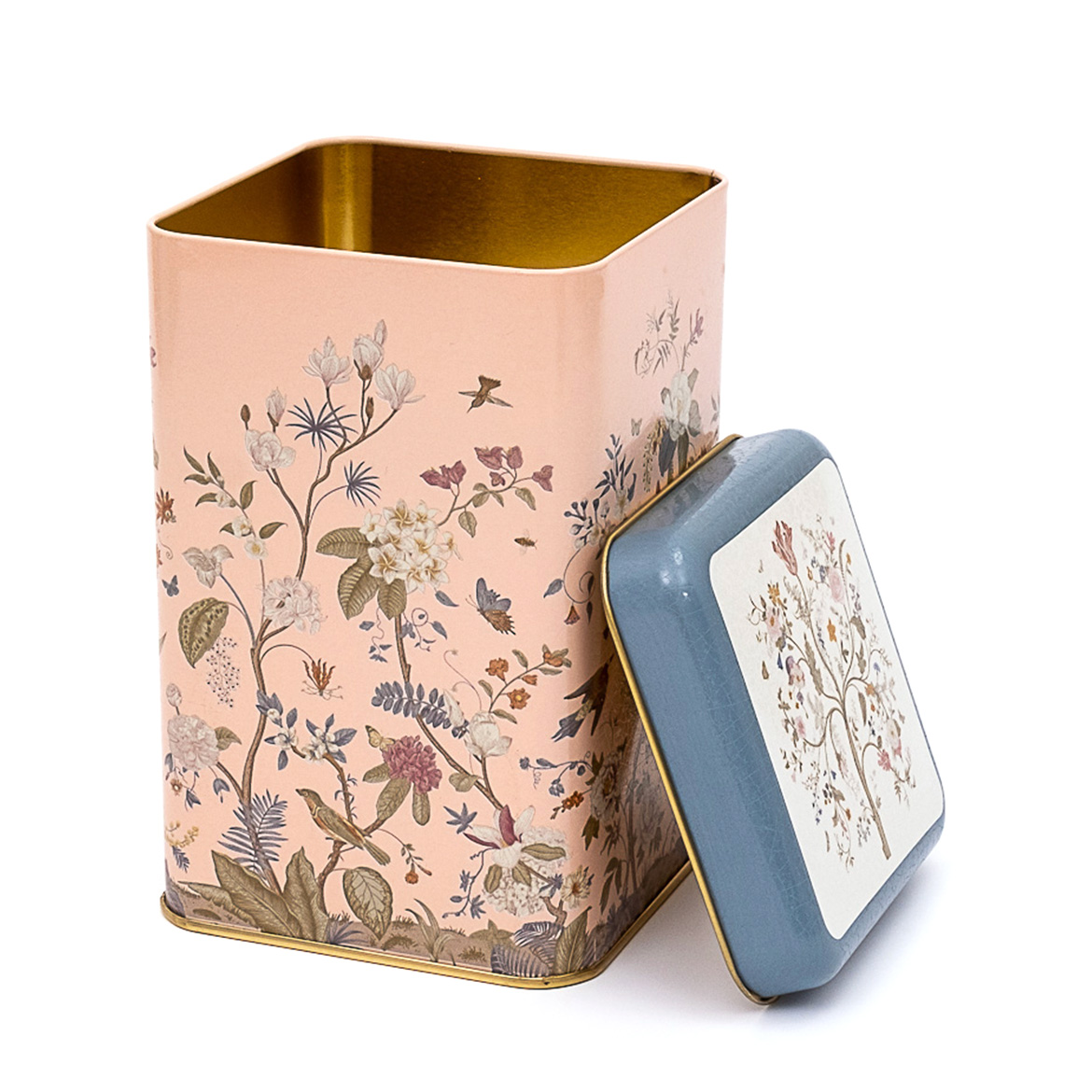 105 x 105 x 160 mm Square Metal Storage Tin 1.6L Floral Design Pastel Pink — Square Boxes — view 2 of 3 — Tinbox