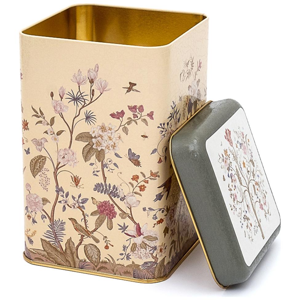 105 x 105 x 160 mm Kare Metal Saklama Kutusu 1.6L Çiçek Desenli Pastel Sarı — Kare Kutular — Tinbox