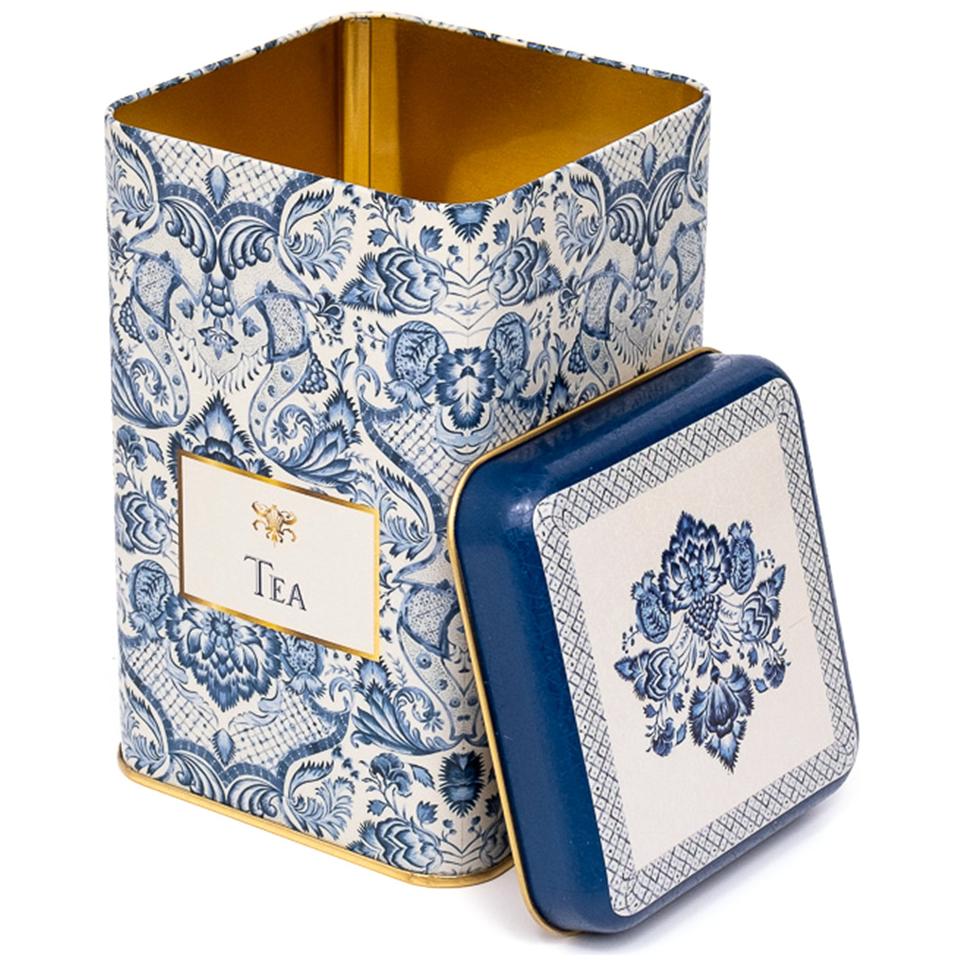 105 x 105 x 160 mm Kare Metal Saklama Kutusu 1.6L Azulejo Esintili Mavi ve Beyaz Dekoratif Desen — Kare Kutular — Tinbox
