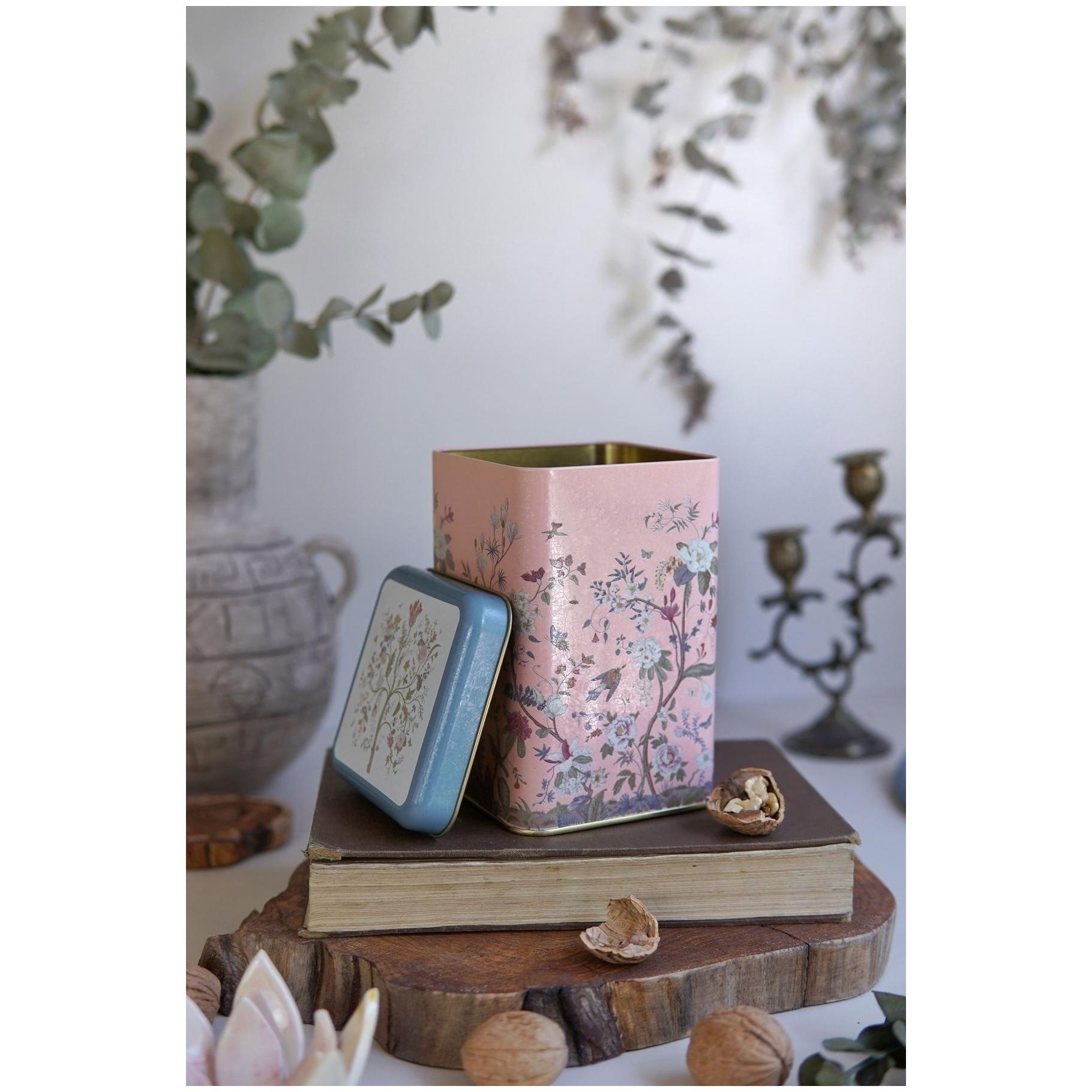 105 x 105 x 160 mm Square Metal Storage Tin 1.6L Floral Design Pastel Pink — Square Boxes — view 3 of 3 — Tinbox