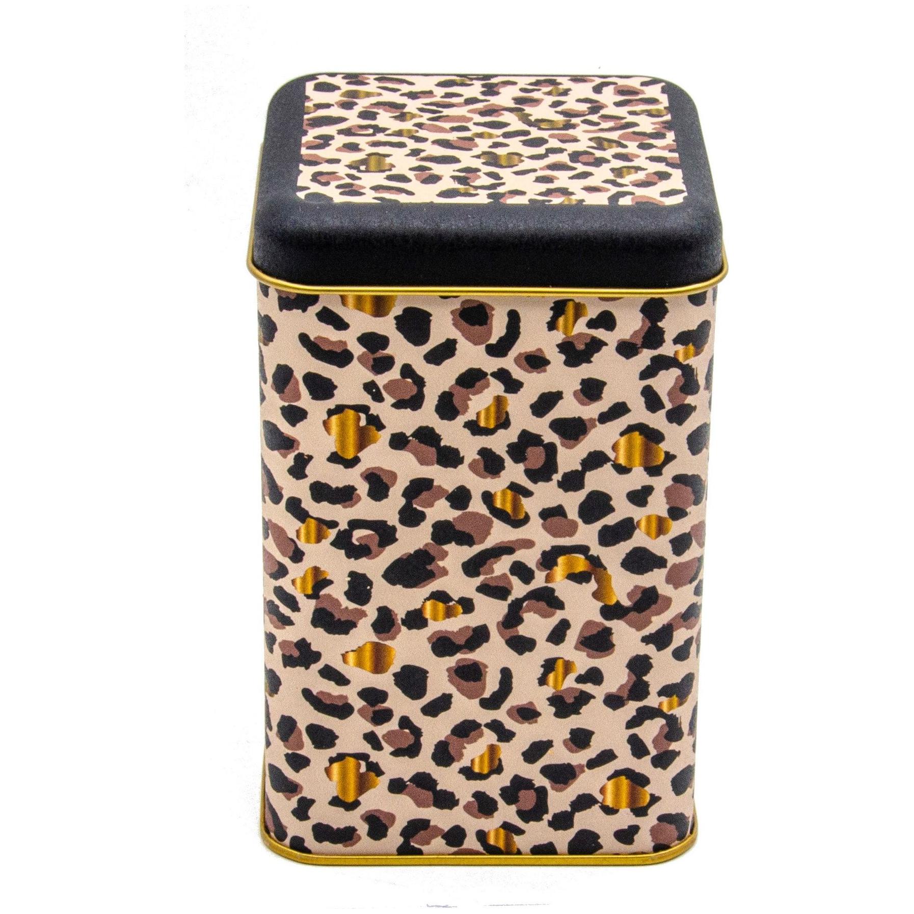 105 x 105 x 160 mm Kare Metal Saklama Kutusu 1.6L Altın Leopar Desenli — Kare Kutular — Tinbox