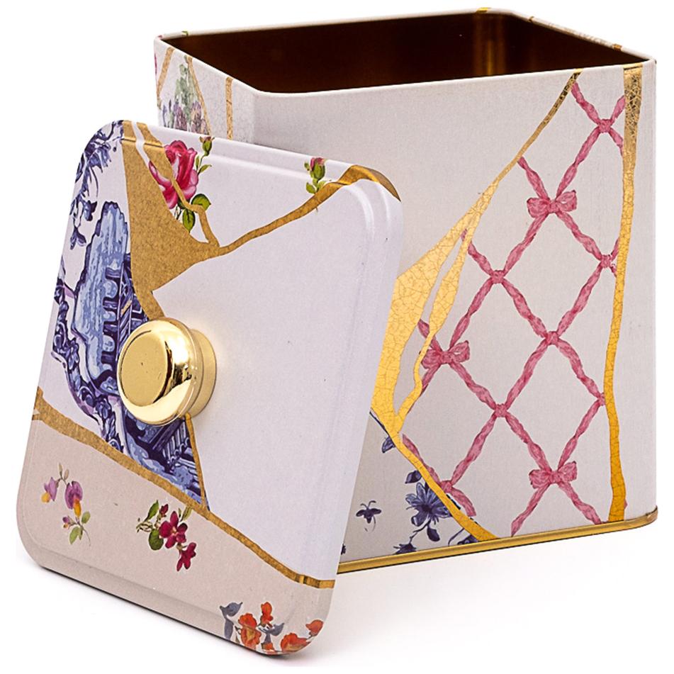 120x120x137 mm Metal Kare Kutu, Kulplu, 1.8 L Kintsugi Altın Damarlı Çiçek — Kare Kutular — Tinbox
