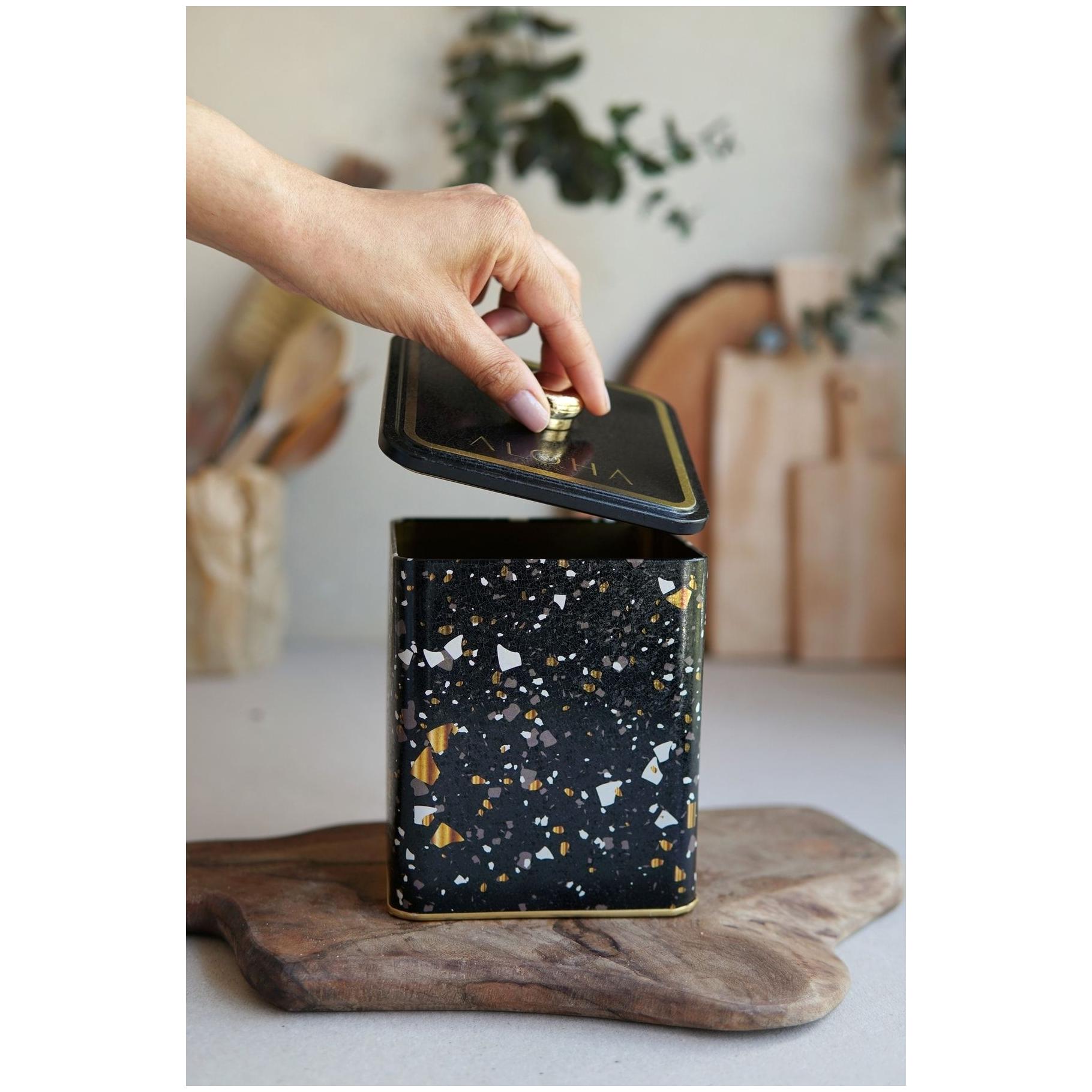 120x120x137 mm Metal Kare Kutu, Kulplu, 1.8L, Terrazzo Siyah — Kare Kutular — Tinbox