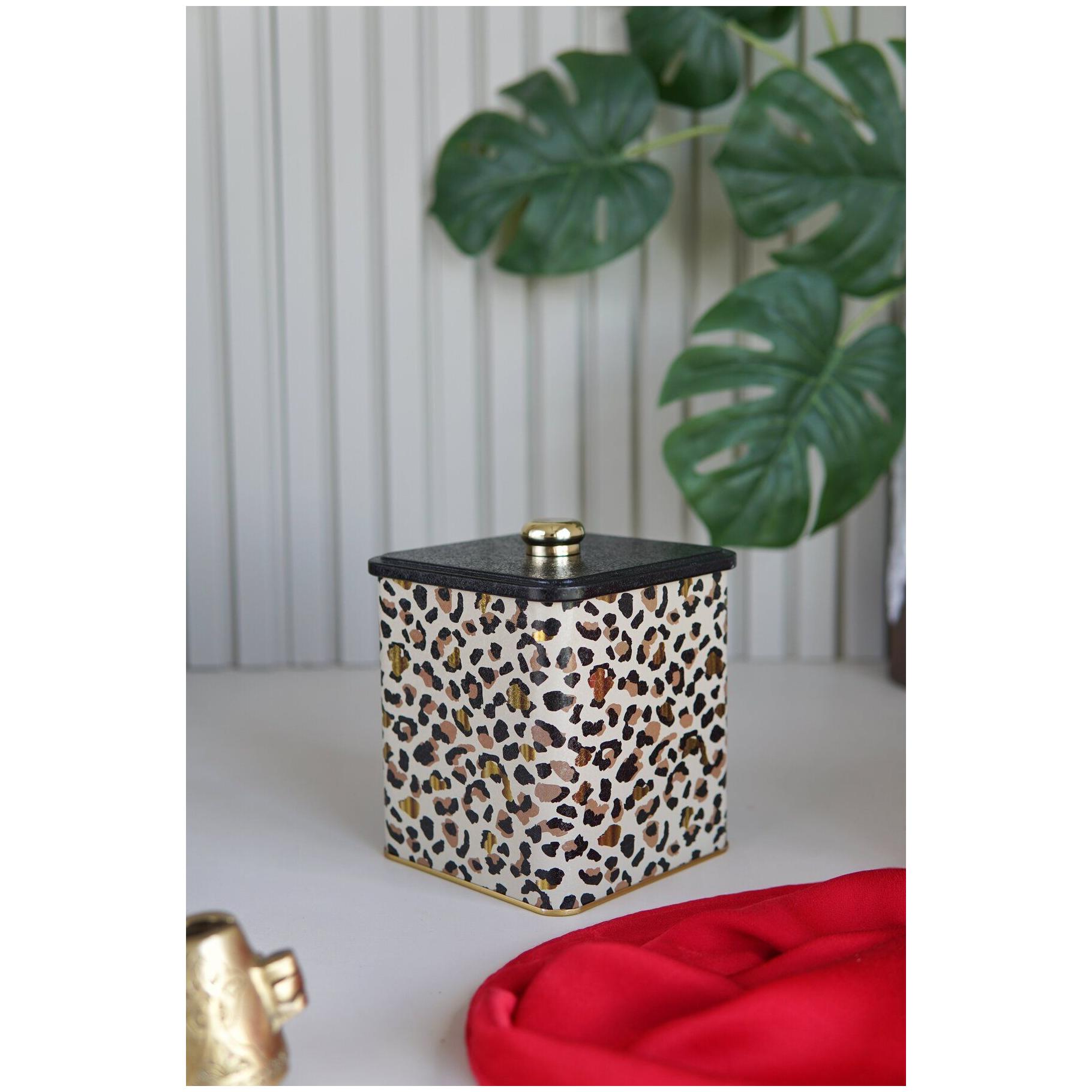 120x120x137 mm Metal Square Box with Knob Handle 1.8L Gold Leopard Print Pattern — Square Boxes — view 3 of 3 — Tinbox