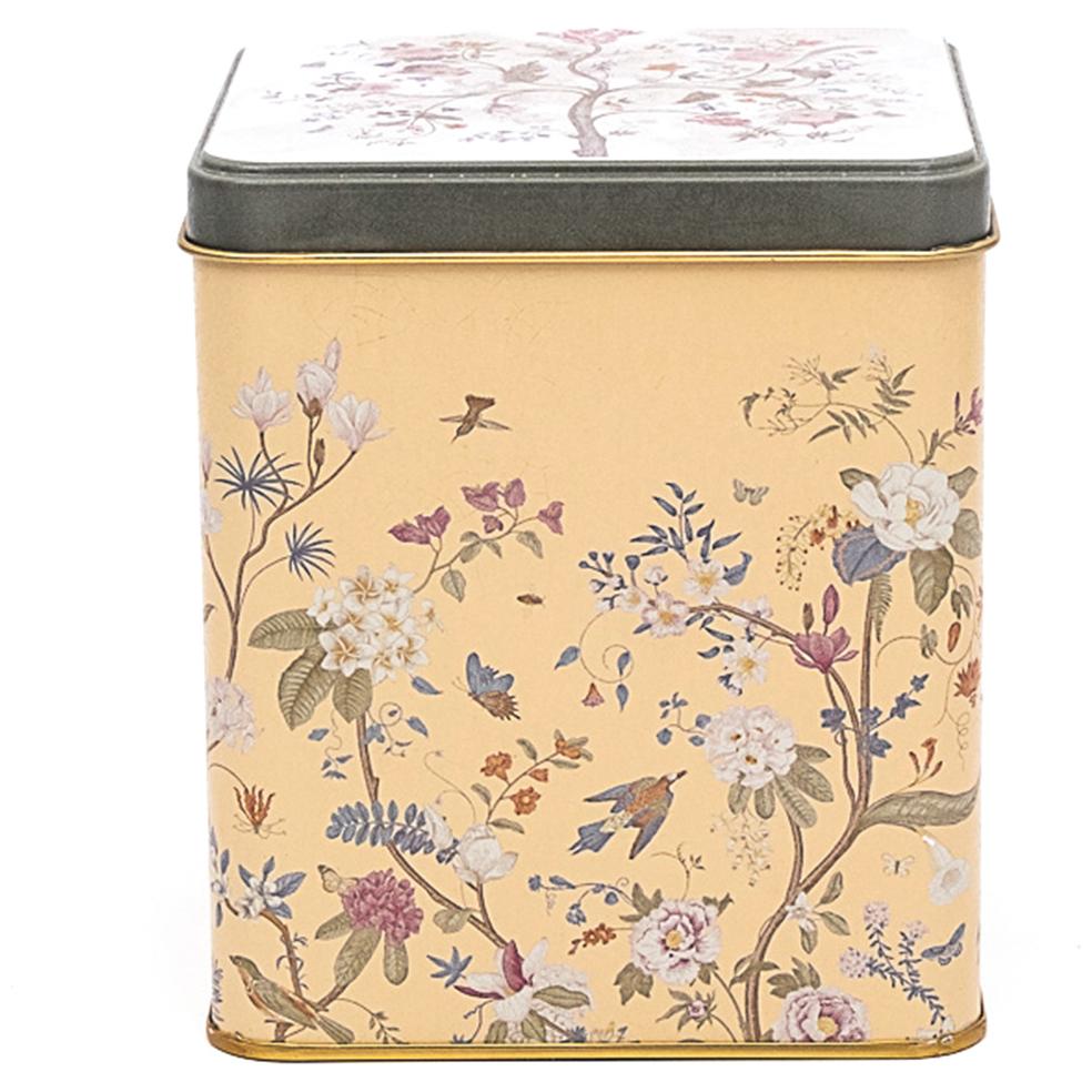 120x120x137 mm Kare Teneke Kutu 1.8 L Sürgülü Kapaklı Çiçek Desenli Pastel Sarı — Kare Kutular — görsel 2 / 3 — Tinbox