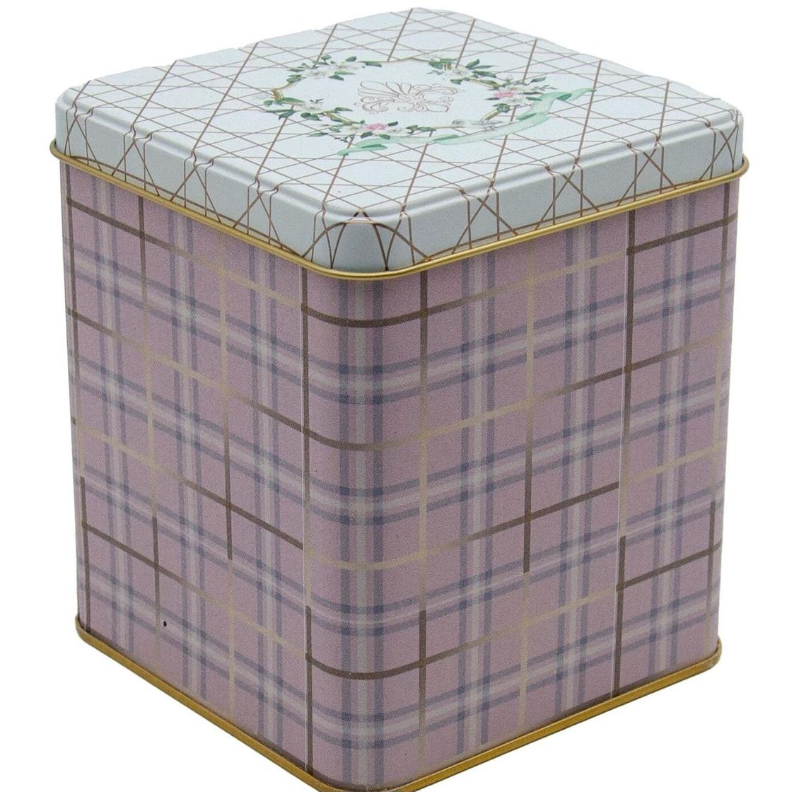 120x120x137 mm Kare Teneke Kutu 1.8 L Sürgülü Kapaklı Pembe Ekose Desenli — Kare Kutular — görsel 2 / 3 — Tinbox