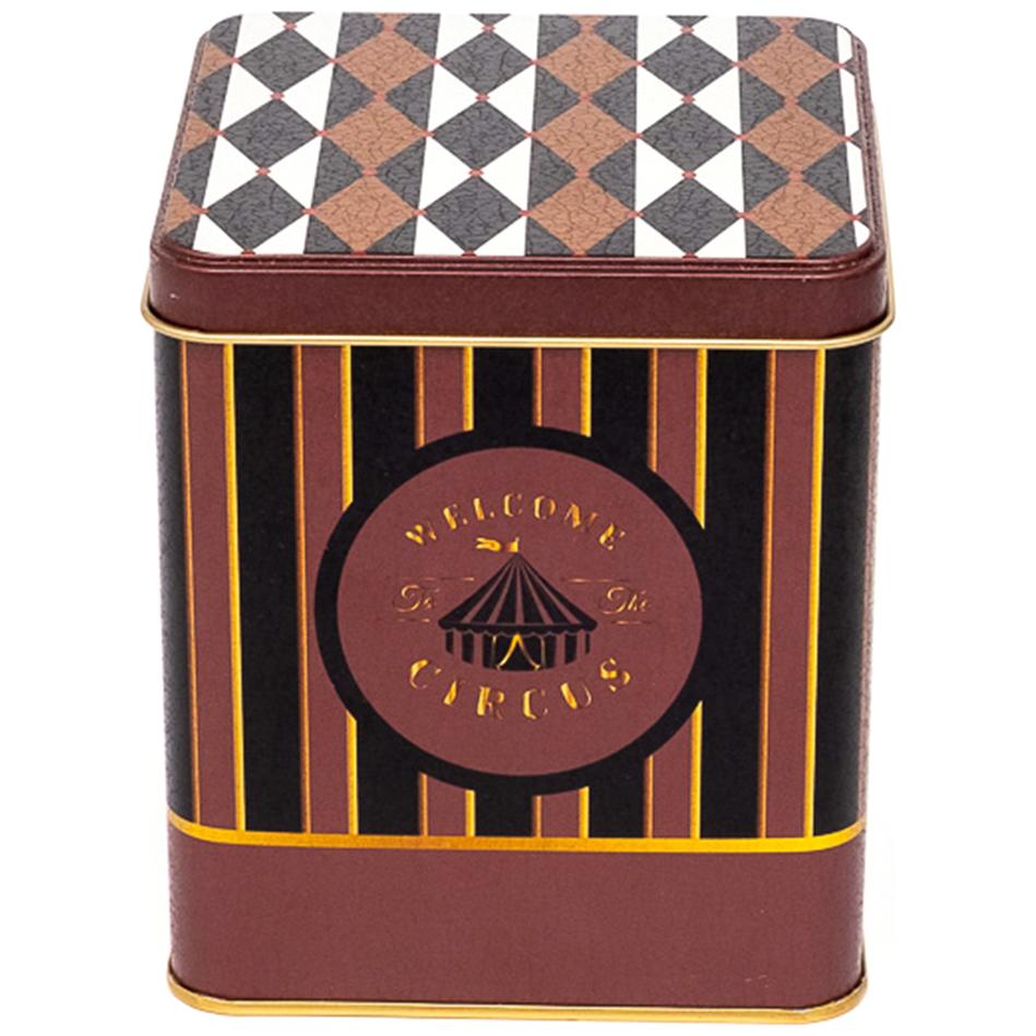 120x120x137 mm Kare Teneke Kutu 1.8 L Sürgülü Kapaklı Vintage Sirk Zarafeti — Kare Kutular — görsel 2 / 3 — Tinbox