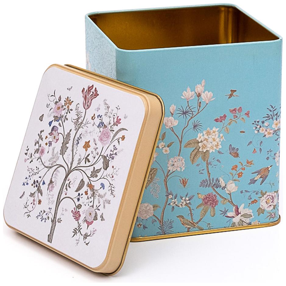 120x120x137 mm Kare Teneke Kutu 1.8 L Sürgülü Kapaklı Çiçek Desenli Pastel Mavi — Kare Kutular — görsel 1 / 3 — Tinbox