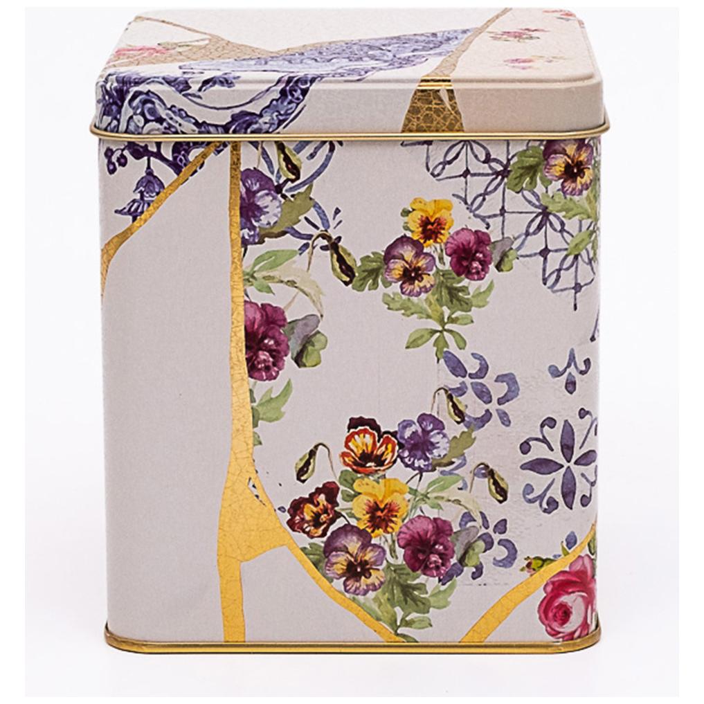 120x120x137 mm Kare Teneke Kutu 1.8 L Sürgülü Kapaklı Kintsugi Altın Damarlı Çiçek Desenli — Kare Kutular — görsel 2 / 3 —…