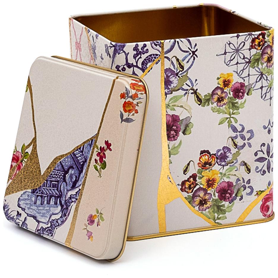 120x120x137 mm Kare Teneke Kutu 1.8 L Sürgülü Kapaklı Kintsugi Altın Damarlı Çiçek Desenli — Kare Kutular — Tinbox