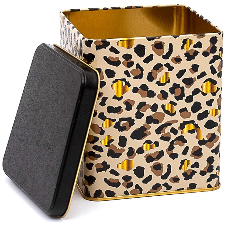 120x120x137 mm Kare Teneke Kutu 1.8 L Sürgülü Kapaklı Altın Leopar Desenli — Kare Kutular — Tinbox