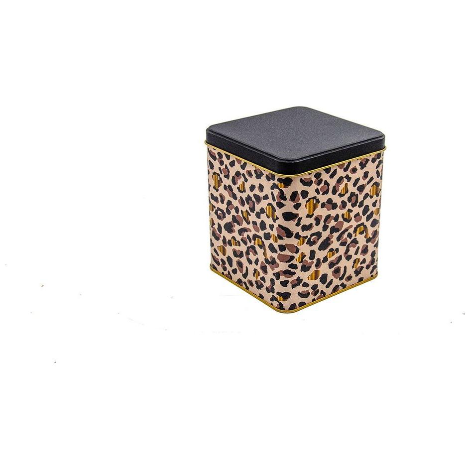 120x120x137 mm Kare Teneke Kutu 1.8 L Sürgülü Kapaklı Altın Leopar Desenli — Kare Kutular — görsel 2 / 3 — Tinbox
