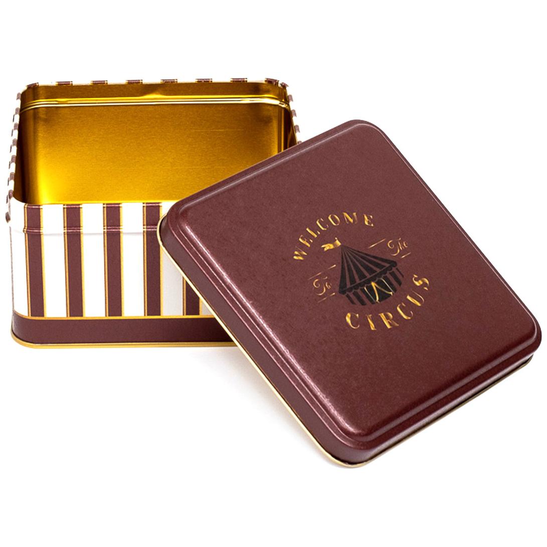 158x158x87 mm Kare Metal Saklama Kutusu 2.2L Sürgülü Kapaklı Vintage Sirk Şıklığı — Kare Kutular — Tinbox