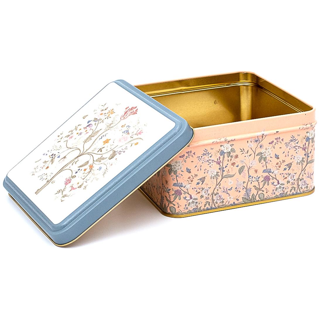 158x158x87 mm Kare Metal Saklama Kutusu 2.2L Kayar Kapaklı Çiçek Desenli Pastel Pembe — Kare Kutular — Tinbox