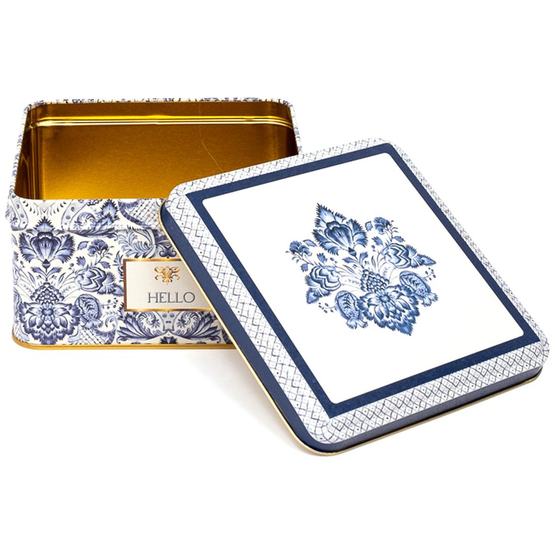 158x158x87 mm Kare Metal Saklama Kutusu 2.2L Sürgülü Kapaklı Azulejo Esintili Mavi ve Beyaz Dekoratif Desenli — Kare Kutul…