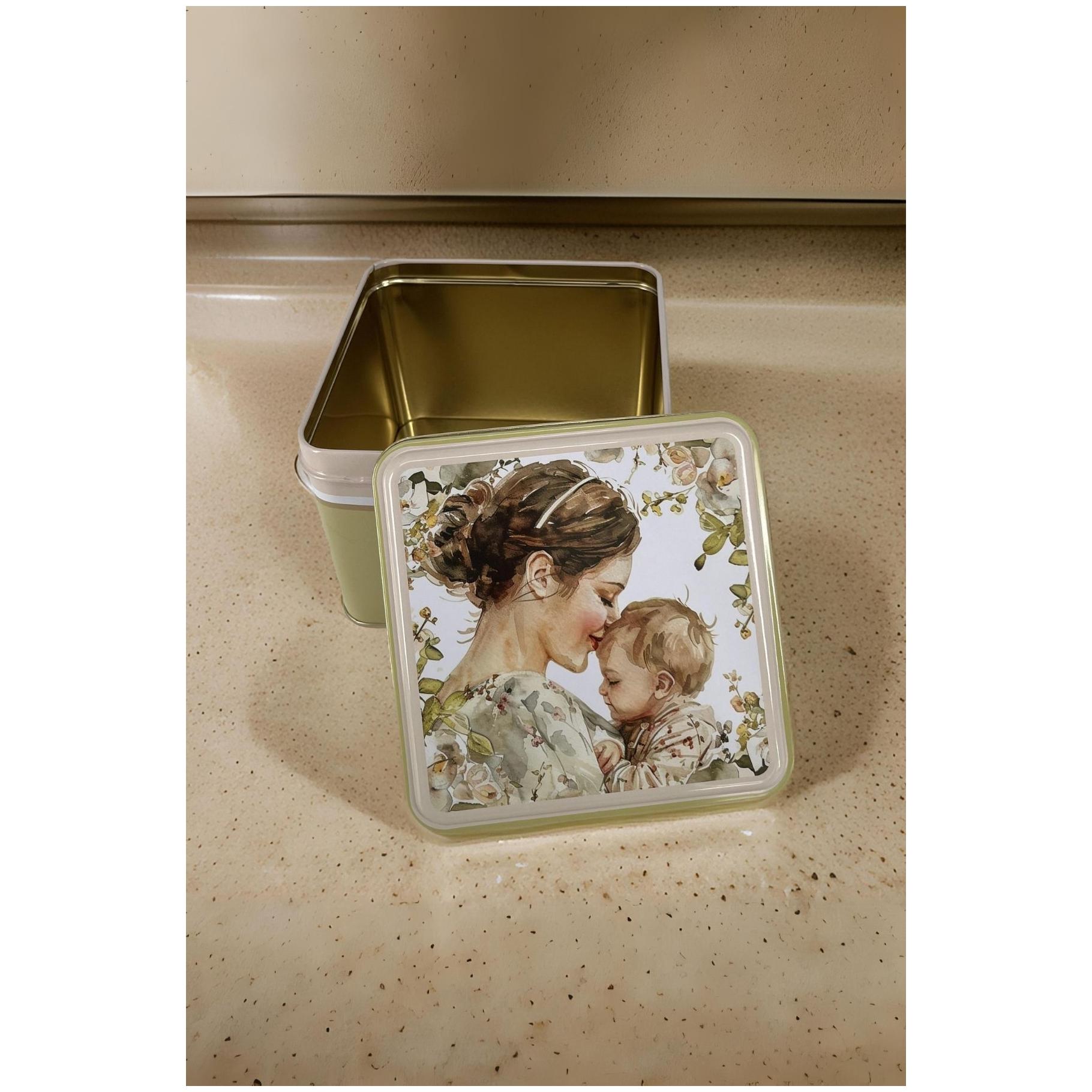 158x158x87 mm Kare Metal Saklama Kutusu 2.2L Sürgülü Kapaklı Sonsuz Anne Sevgisi — Kare Kutular — görsel 4 / 4 — Tinbox
