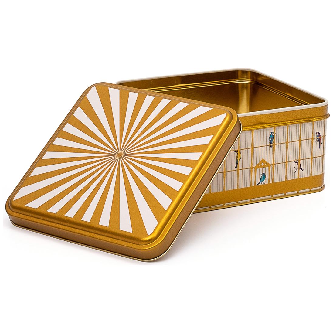 158x158x87 mm Kare Metal Saklama Kutusu 2.2L Sürgülü Kapaklı Vintage Kuş Kafesi İllüstrasyonu ve Renkli Kuşlar — Kare Kutu…